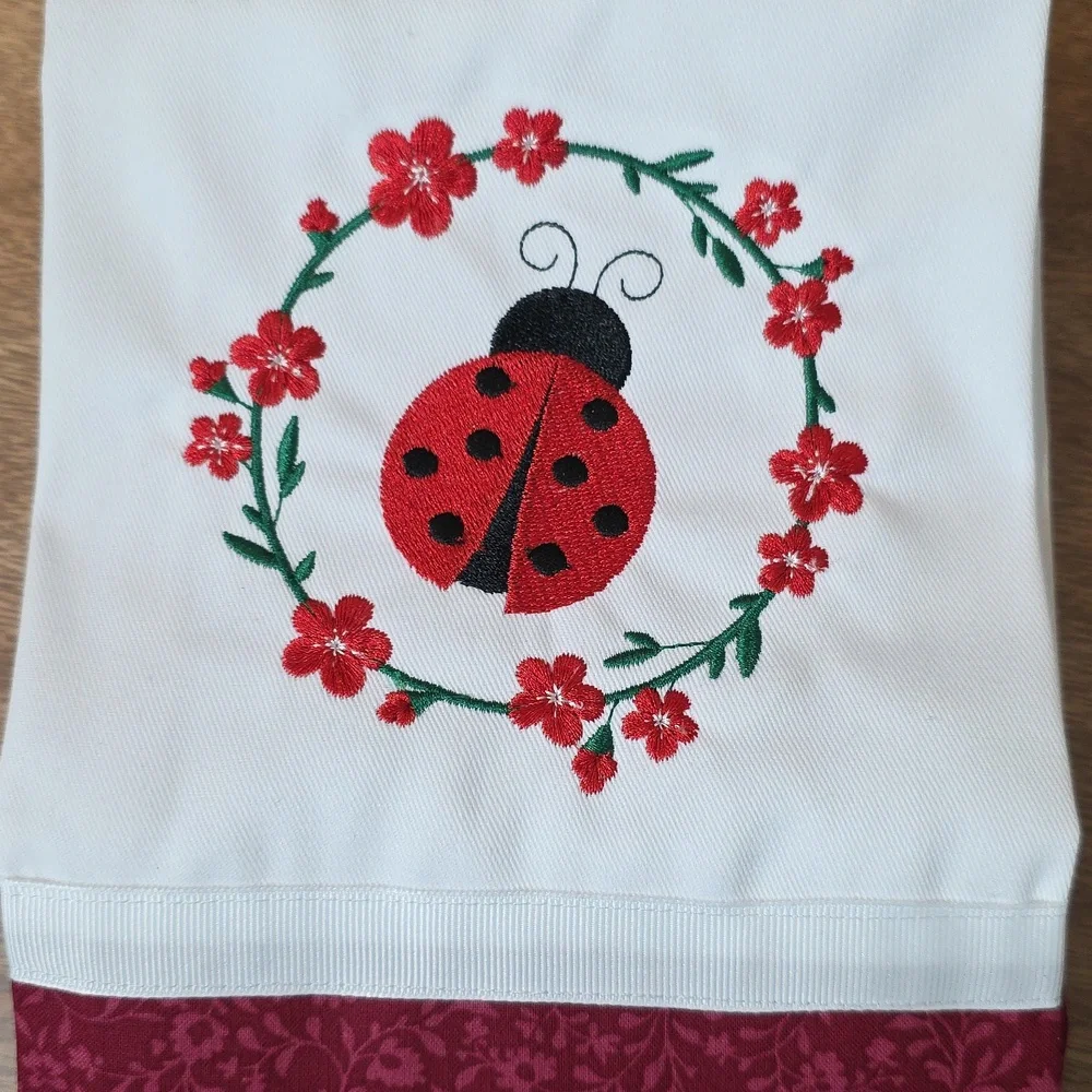 Handcrafted Embroidered Ladybug Gingham Hand Towels Set Of 2 18